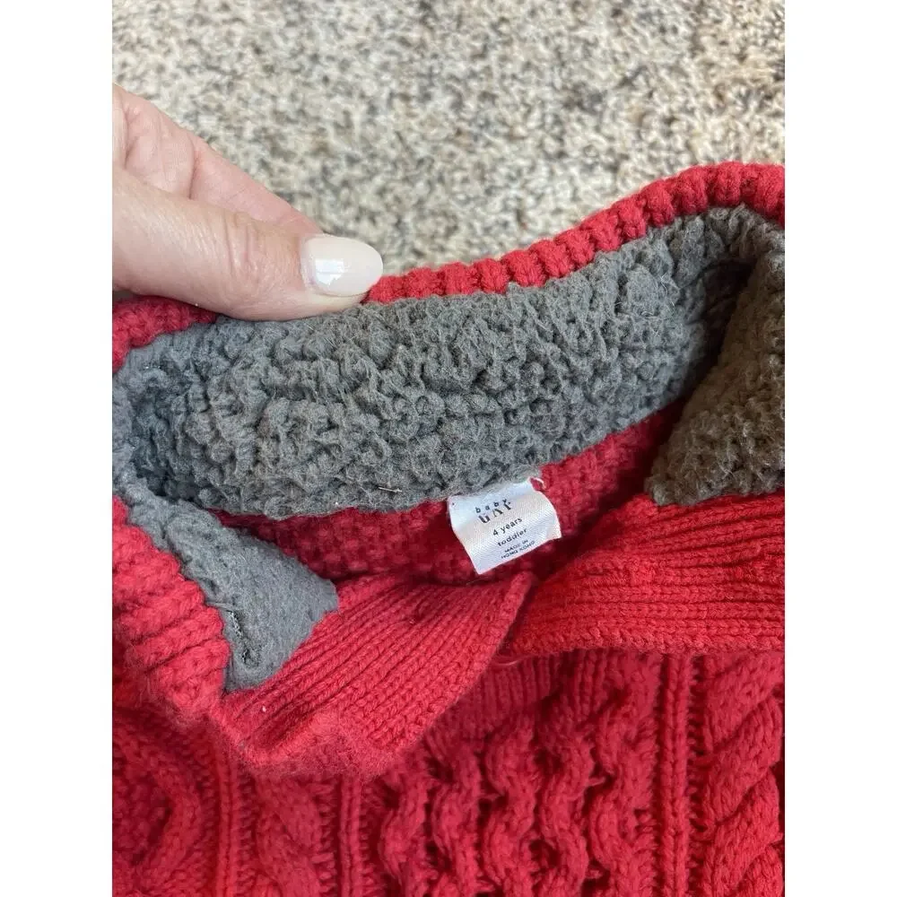 Gap Kid’s Sz 4 Years Red Cable-Knit Sweater Button Mock Neck Pullover